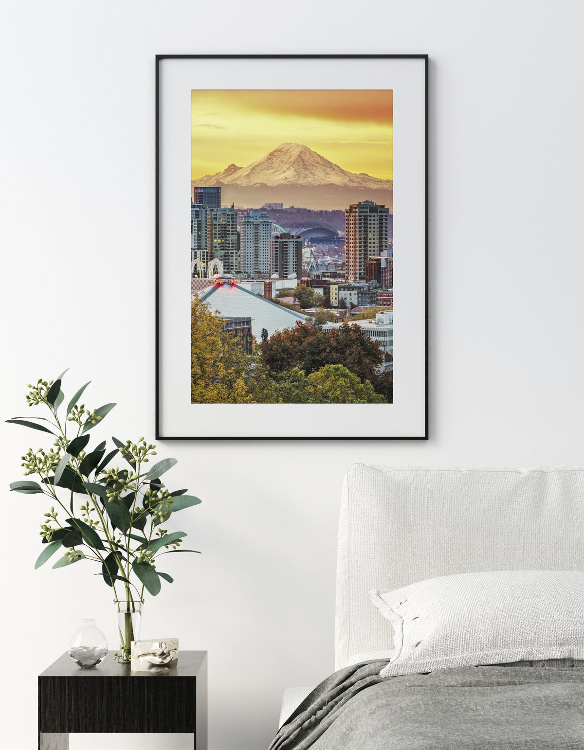 Seattle Skyline and Mount Rainier displayed in an elegant room interior