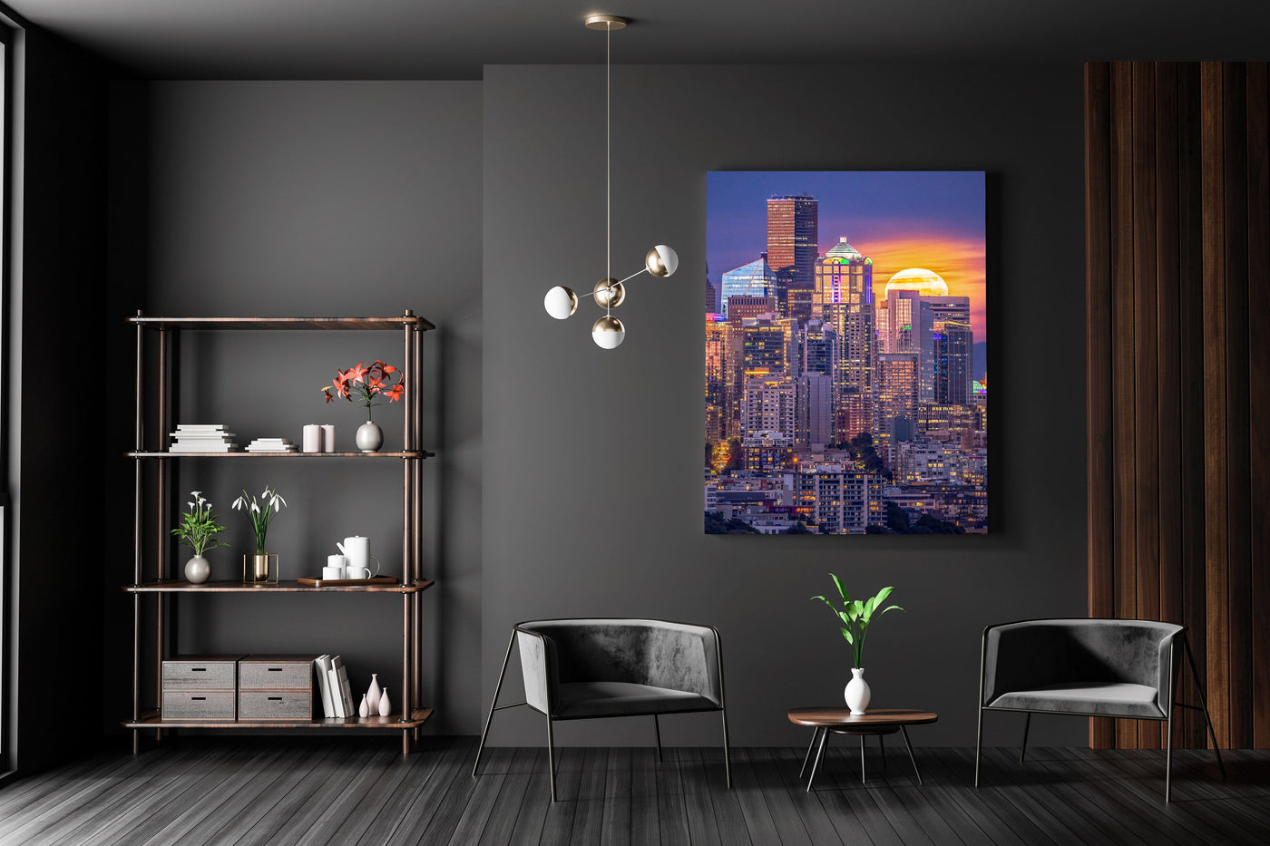 Seattle Supermoon displayed in an elegant room interior