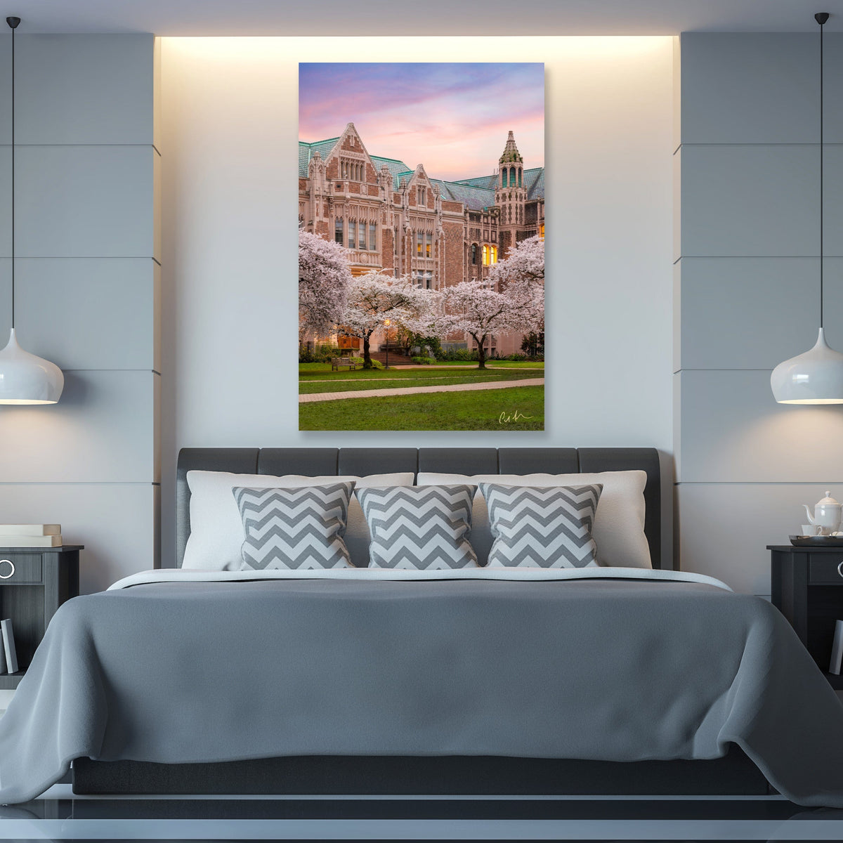 University of Washington Cherry Blossoms displayed in a styled room interior