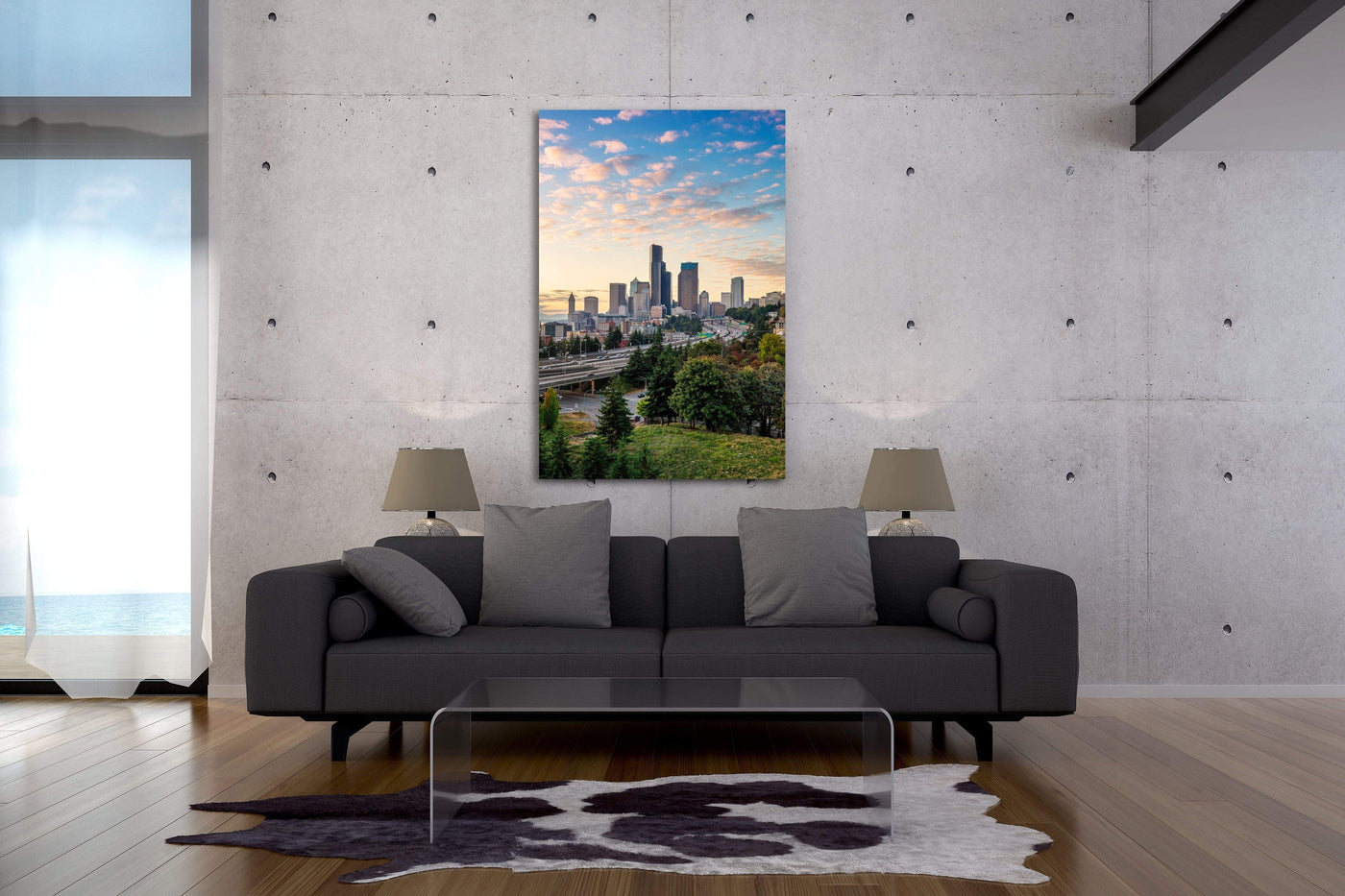 Seattle Skyline From Beacon Hill displayed in a styled room interior