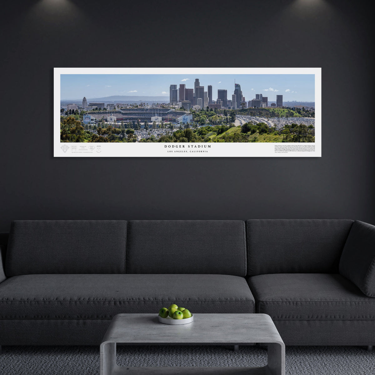 Dodger Stadium Panoramic Los Angeles Fine Art Print displayed in a styled room interior 3